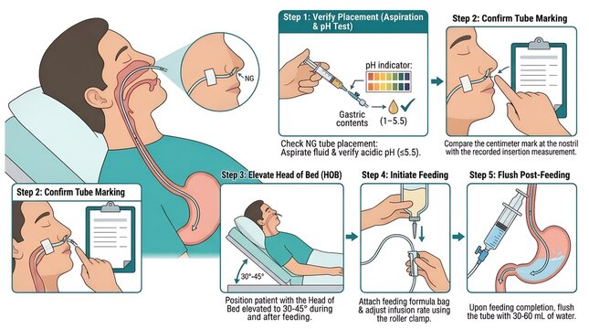 Nasogastric Tube Feeding Procedure Illustration for Medical Training