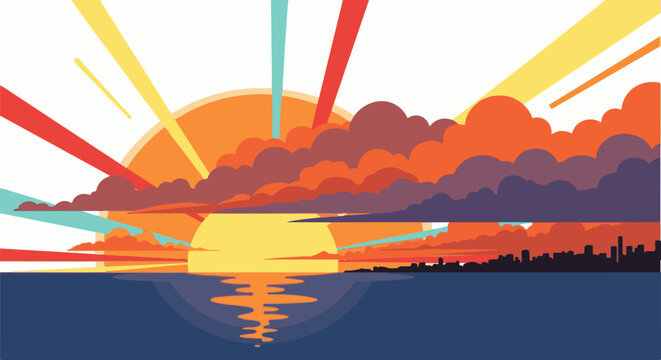 Stylized sunrise over a city skyline and water, with dramatic colorful clouds