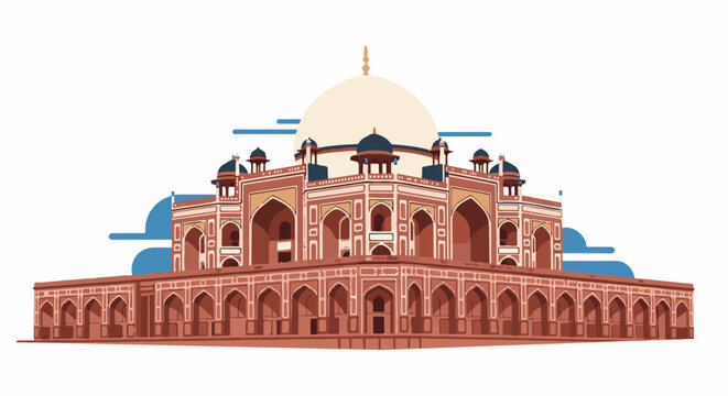Stylized pixel art of a large Indian mausoleum with red sandstone and white accents