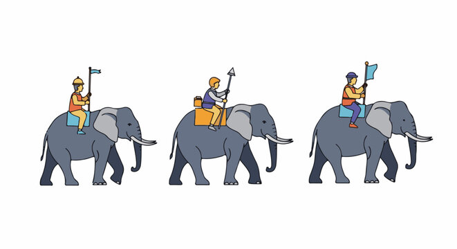 Three elephants with riders carrying flags and spears in procession
