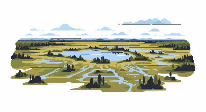 Stylized wetland landscape with calm water, sparse trees, and distant hills