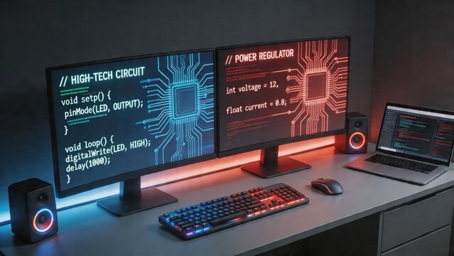 Tech setup with dual monitors and keyboard