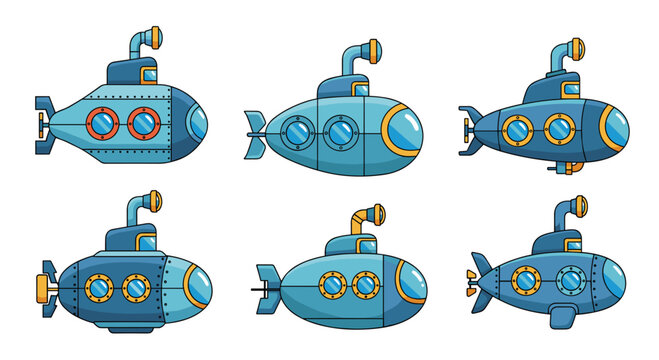 Collection of six different cartoon submarine designs in various shades of blue and styles for underwater adventure concepts.