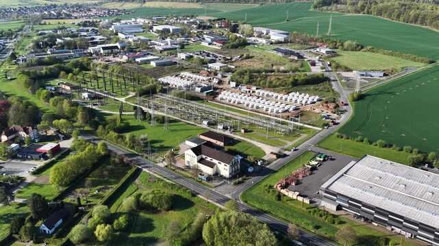 Aerial View of 110 kV Substation with Battery Storage Construction Site &ndash; Renewable Energy Storage, Grid Stabilization and Energy Transition Infrastructure