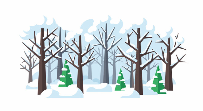 Stylized winter forest scene with bare trees and snow-covered ground
