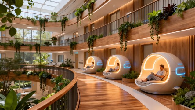 Modern multilevel indoor space with pod chairs