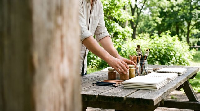 Artist arrange art supply sketchbook rustic wooden picnic table outdoor sunny day nature creative expression