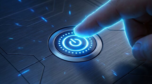 Finger pressing a glowing blue power button on a futuristic metallic