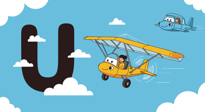 Educational illustration for letter U featuring two cute yellow and blue cartoon airplanes flying among clouds.