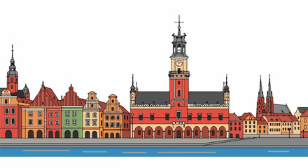 Obraz premium Stylized line art of historic buildings with a river in the foreground