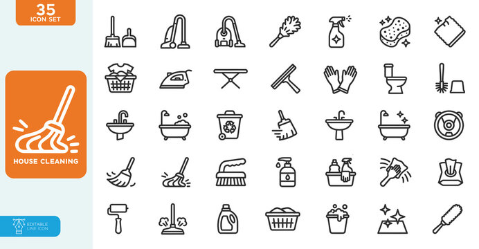 House Cleaning Line Editable Icons set. Vector illustration in modern thin line style of cleaning service related icons: detergents, cleaning equipment, household appliances, and more. 