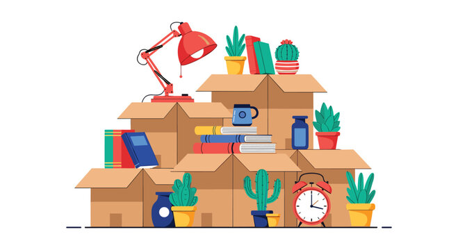 Large stack of cardboard moving boxes filled with various household items like books, plants, a lamp, and an alarm clock.