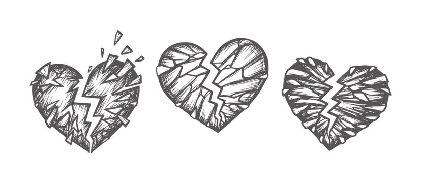 Three sketchy broken heart in dark grey shattered cracked
