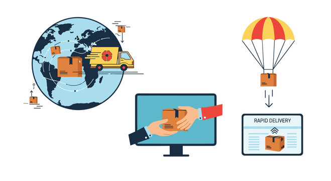 Multi-channel rapid delivery concept featuring world globe, computer screen parcel exchange, and a parachute box.