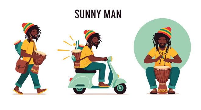 Character set of a cheerful Rasta man walking, riding a moped scooter, and playing a djembe drum on a white background.
