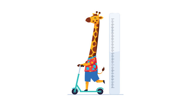 Tall cartoon giraffe wearing a colorful shirt and shorts rides a kick scooter next to a height measurement chart on white background.
