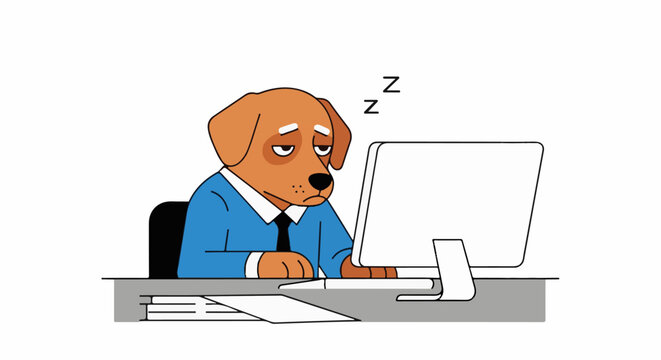 Tired dog in a suit at a desk, falling asleep at the computer