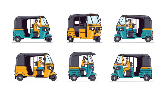 Comprehensive collection of traditional indian auto rickshaws shown from multiple angles in a simple flat vector illustration style.