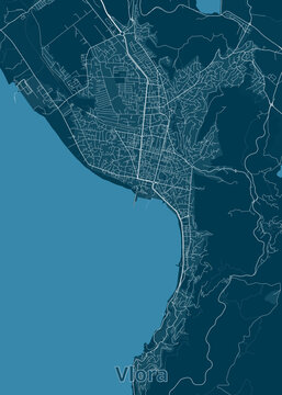 High-contrast, stylized urban map of Vlor&euml;, Albania, illustrating its intricate street network and coastal geography along the Adriatic and Ionian Seas.
