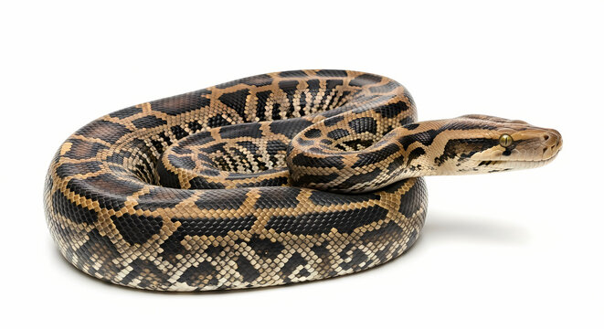 Large reticulated python coiled on isolated white background.