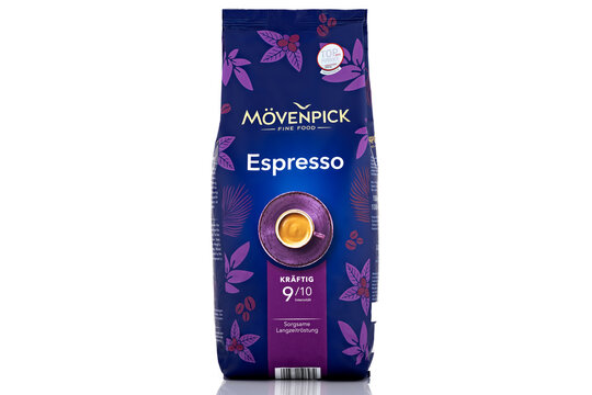 M&ouml;venpick Espresso whole bean coffee package isolated on light background. Illustrative editorial studio product photography of premium espresso coffee retail packaging.