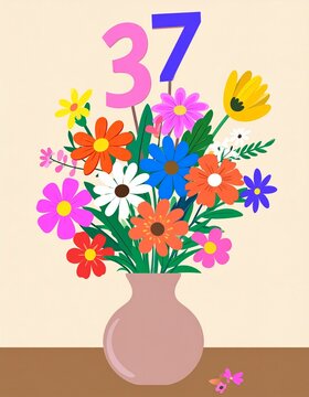 Vibrant Flower Bouquet with Number 37 for Birthday or Anniversary Celebration