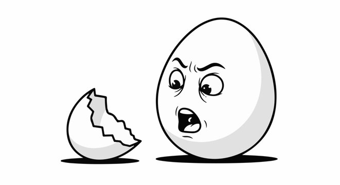 Surprised animated egg faces a broken shell fragment