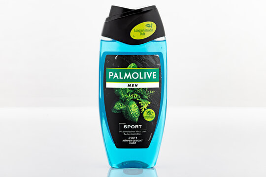 Palmolive Men Sport 3 in 1 shower gel isolated on light background. Illustrative editorial studio product photography for personal care, hygiene and grooming concepts.