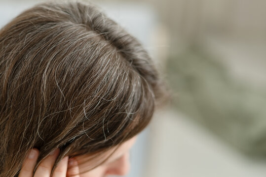 A woman accepts natural aging as she looks at her graying hair with calm. The mature adult sees silver strands as normal signs of getting older. Mother embraces passage of time gracefully.