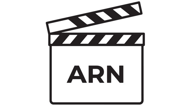 Film clapperboard ARN concept icon with striped top and rectangular frame for production branding featuring movie slate, stripes, clapboard with
