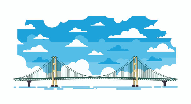 Stylized suspension bridge crosses blue waters under a sky filled with clouds