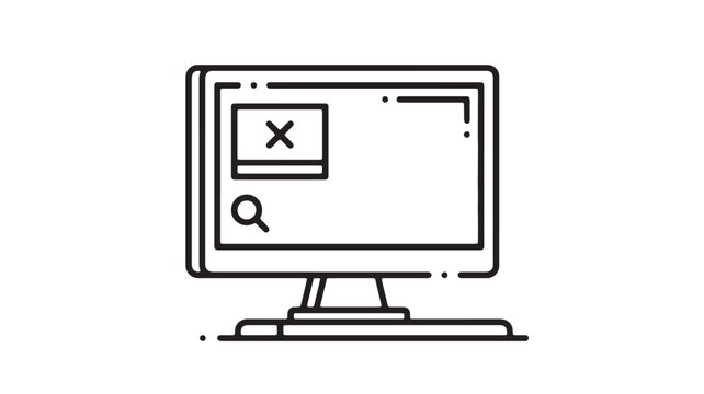 Computer monitor with browser error window, magnifying glass icon and thin line UI interface for troubleshooting