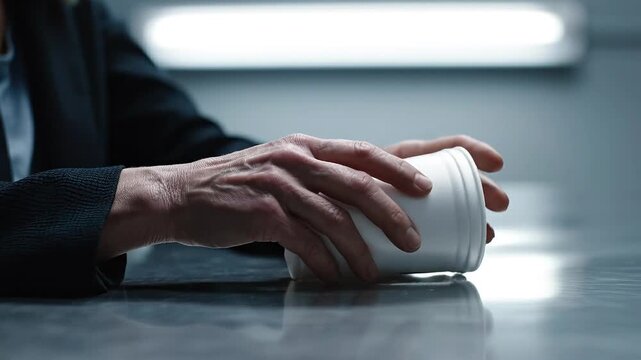 Nervous hands holding styrofoam cup during police interview
