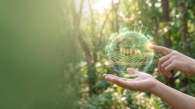Human Hand Touching Sustainable Agriculture Earth Globe Hologram