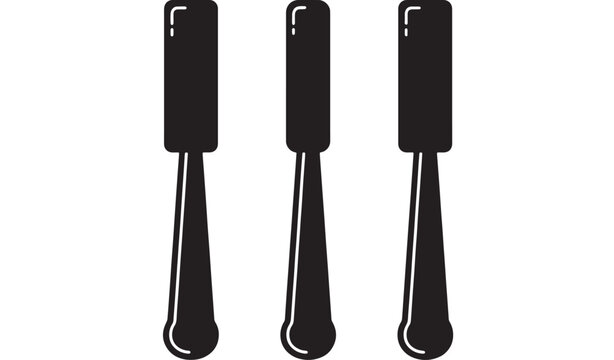 Fork icon with three vertical black shapes and small curved handles on a white background for UI design