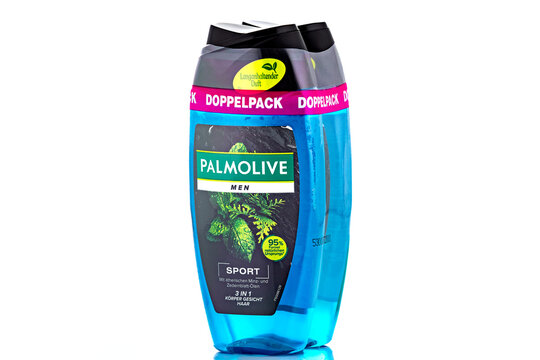 Palmolive Men Sport 3 in 1 shower gel double pack isolated on light background. Illustrative editorial studio product photography of personal care and grooming packaging.