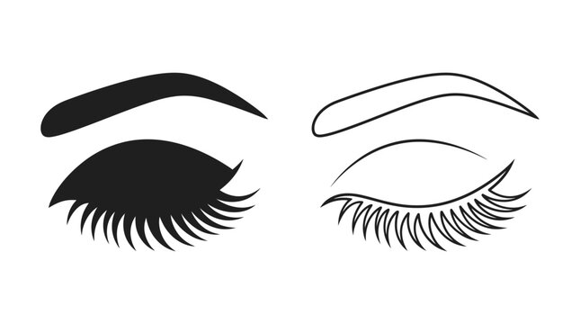 Closed eyes with eyelashes black and white silhouette illustration