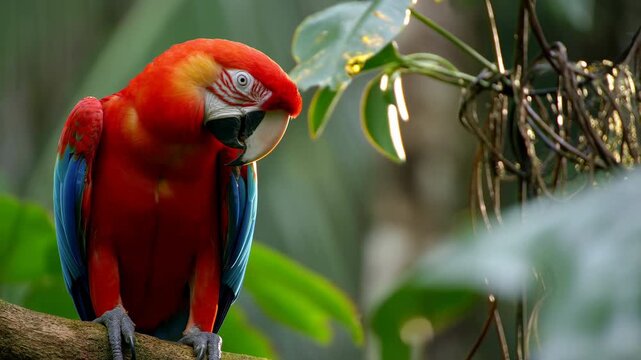 Vivid Tropical Bird. Striking Red Macaw With Blue Feathers Hangs On Tree Branch In Rainforest Setting