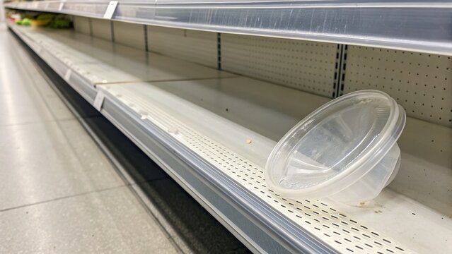 Empty supermarket shelves with a single plastic container, highlighting scarcity or supply chain issues in retail grocery stores.