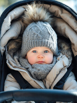 Adorable baby with blue eyes bundled in warm knitted hat and scarf sitting in cozy winter stroller while enjoying fresh outdoor air during chilly season