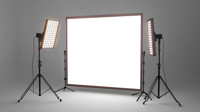 Professional Photography Lighting Setup: A high-end studio setup featuring a large, illuminated diffuser panel flanked by two adjustable LED light panels on tripods.
