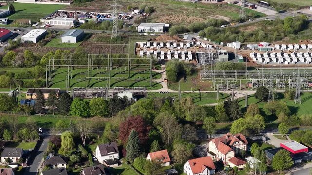 Aerial View of 110 kV Substation with Battery Storage Construction Site &ndash; Renewable Energy Storage, Grid Stabilization and Energy Transition Infrastructure