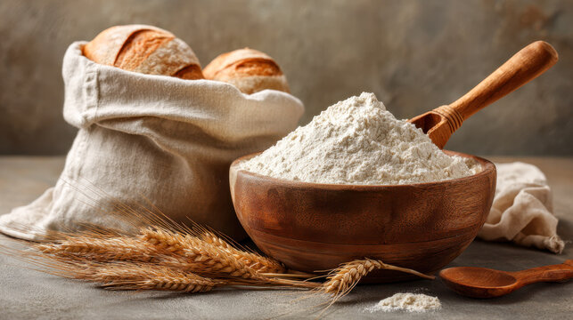 Rustic kitchen scene with wooden bowl full of white flour, fresh wheat stalks, and crusty bread loaves in cloth bag on textured surface and warm background