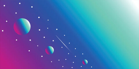 Abstract cosmic background featuring colorful gradient planets, stars, and a shooting star on a vibrant purple and teal blue gradient backdrop © Solehoddin