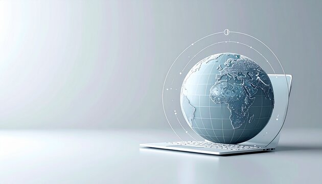 Modern Remote Work Template with Laptop Computer and Digital Globe on White Podium Gray Background