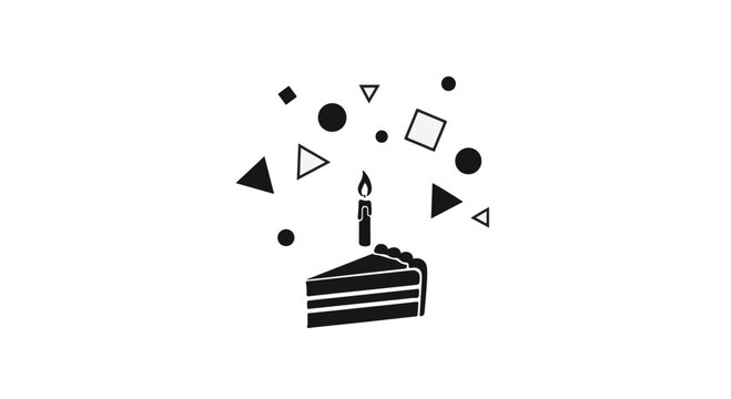 Cake slice features a single lit candle surrounded by festive geometric shapes in a celebratory design.