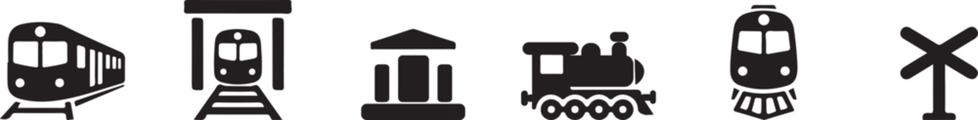 Train Railway Icon Set Public Transport Metro Station Locomotive Travel Silhouette Vector Illustration Collection © MD