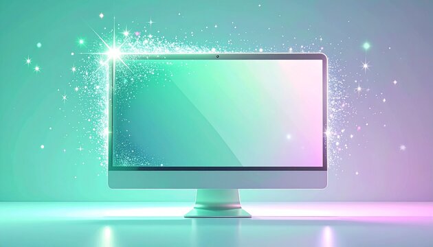 Stylish Computer Monitor Presentation Frame with Pastel Mint Gradient Screen and Sparkle Glitter Effects