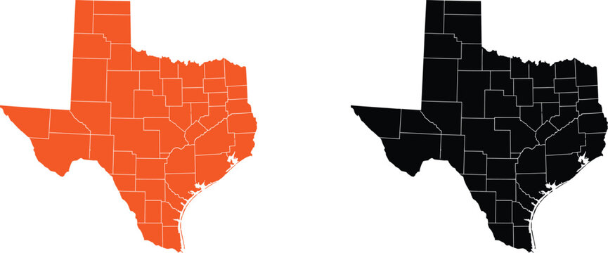 Orange and black map of texas state showing all county borders and lines Vector