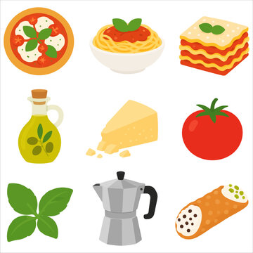 Italian Food Icons Featuring Pizza Pasta Lasagna Olive Oil Cheese Tomato Basil Cannoli and Moka Pot.